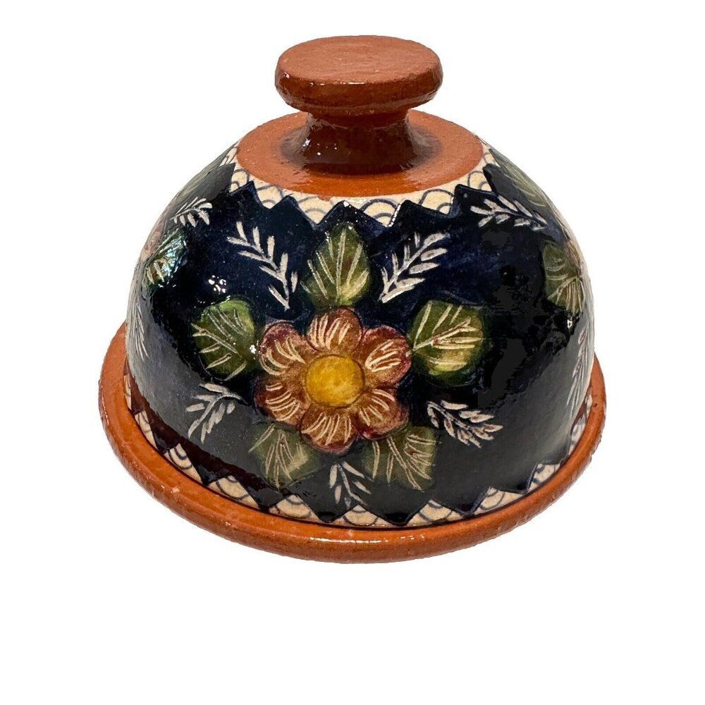 Hand Painted Terracotta Bakers Dish With Lid Flower Leaves Butter Crock